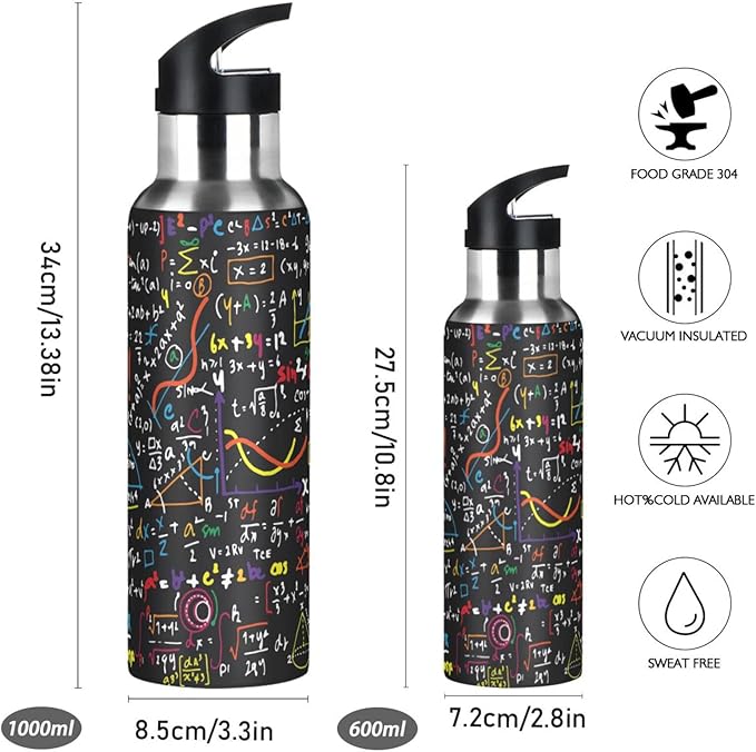 ALAZA Mathematics Education Geometrical Plots Formulas Water Bottle With Straw Lids Boys Girls,Vacuum Insulated Leakproof Stainless-Steel Sports Bottle Thermal Flask For Gym Yoga Camping,20Oz (600Ml)