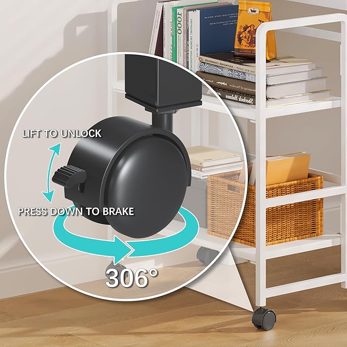 4NM 2 Tiers No-Assembly Folding Bookshelf with Wheels, Portable Rolling Storage Bookcase & Compact Side Table for Living Room, Bedroom, Kitchen, Bathroom (All White)