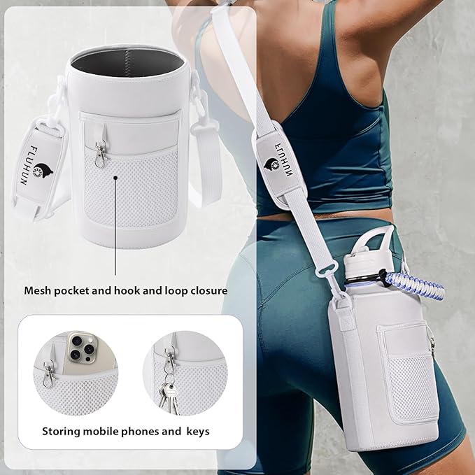 64 oz Insulated Water Bottle with Straw and Handle, Double Walled Vaccum Stainless Steel Half Gallon Water Bottle for Women, 3 Lids, Metal Canteen, Protective Sleeve, Gym & Outdoors Water Jug