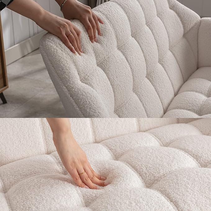 48" Small Loveseat Sofa, Modern Sherpa Mini Sofa Couch 2-Seater Fluffy Love Seat with Quilting Backs and Wood Legs for Living Room, Bedroom and Small Space, White