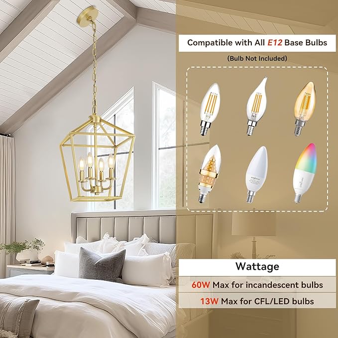 4 Light Gold Chandelier, Industrial Ceiling Light Lantern Light Fixtures with Farmhouse Metal Cage Adjustable Height Rustic Geometric Hanging Light E12 Base for Kitchen Island, Entryway, Indoor