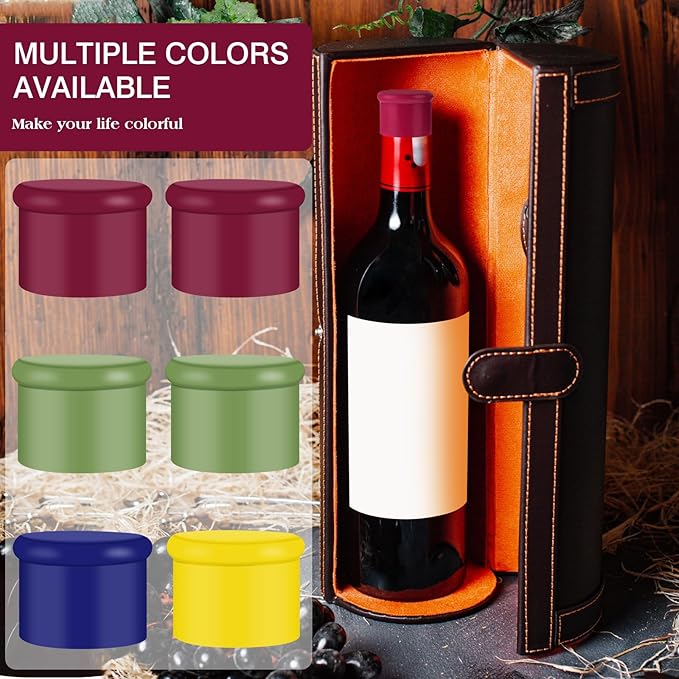 6PCS Wine Stoppers Reusable Silicone Wine Bottle Stopper Corks - Airtight Seal to Keep Fresh for Beverages, Beer, Champagne, Wine (Rose Red, Blue, Green, Yellow)