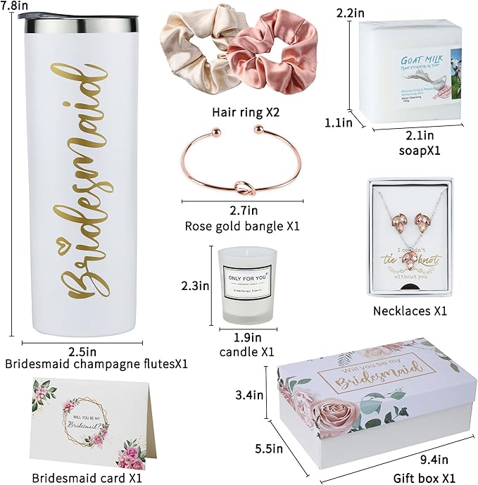 Bridesmaid Proposal Gifts Set-Will You be My Bridesmaid Gift Box, Wedding Engagement Gifts,Bachelorette Party Bridal Showers gifts,Bridesmaids Jewelry sets Bridesmaids Spa Gifts (White)