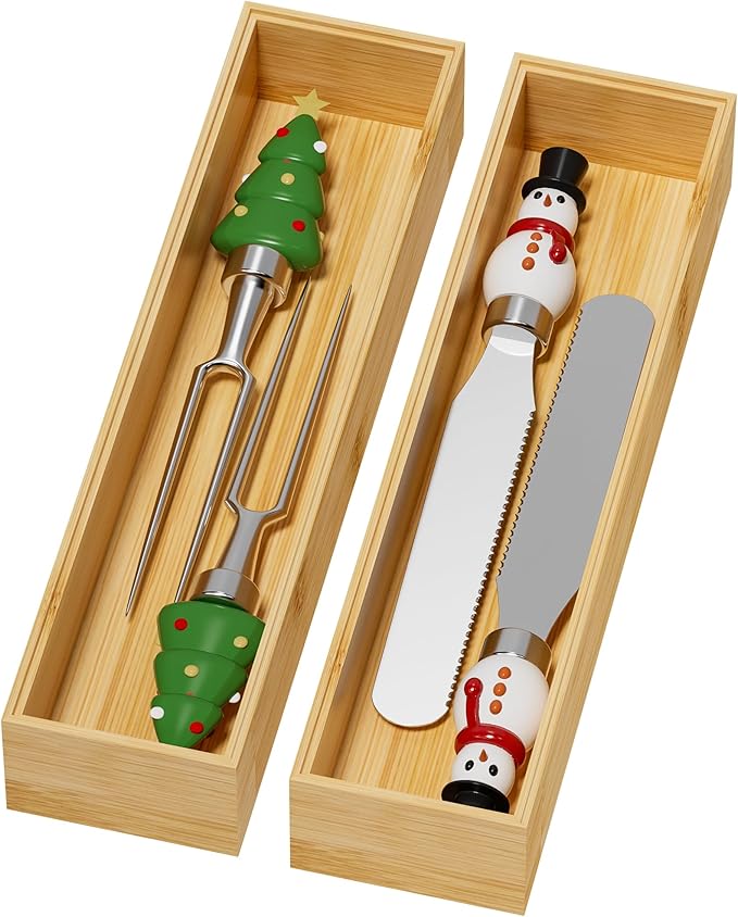 Bamboo Drawer Organizer, Narrow Stackable Cutlery Tray for Kitchen, 2 Pcs Silverware & Utensil Box, 12" x 3" x 2" (Outer), 11.3" x 2.3" x 1.77" (Inner)