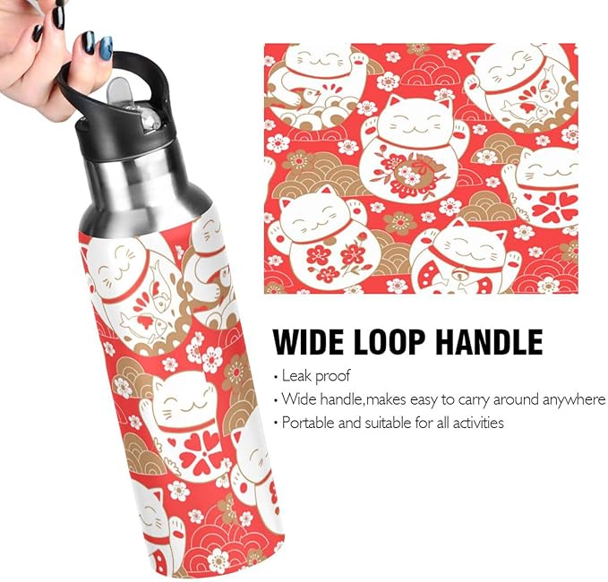 ALAZA Lucky Cat Maneki Neko Red Water Bottle With Straw Lids Boys Girls,Vacuum Insulated Leakproof Stainless-Steel Sports Bottle Thermal Flask For Gym Yoga Camping,34Oz (1000Ml)