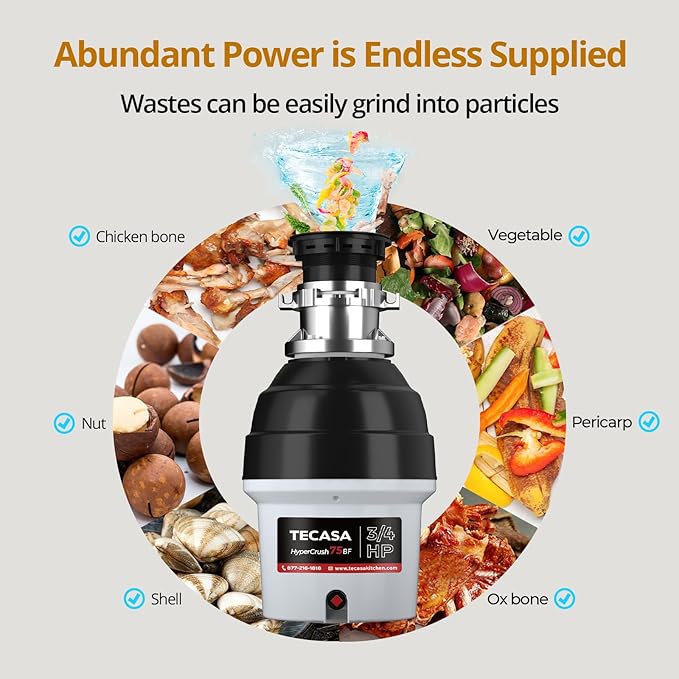 3/4 HP Batch Feed Garbage Disposal, TECASA Stainless Steel Food Waste Grinding System for Kitchen Sink Food Waste, Power Cord Included, Sound Reduction, Grey and Black - HyperCrush 75 BF