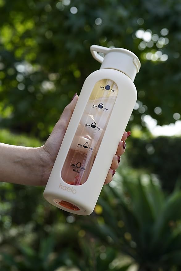 24oz Glass Motivational Water Bottle with Flip Lid Straw, Silicone Protective Sleeve, Handle, Reusable BPA Free (Dune)