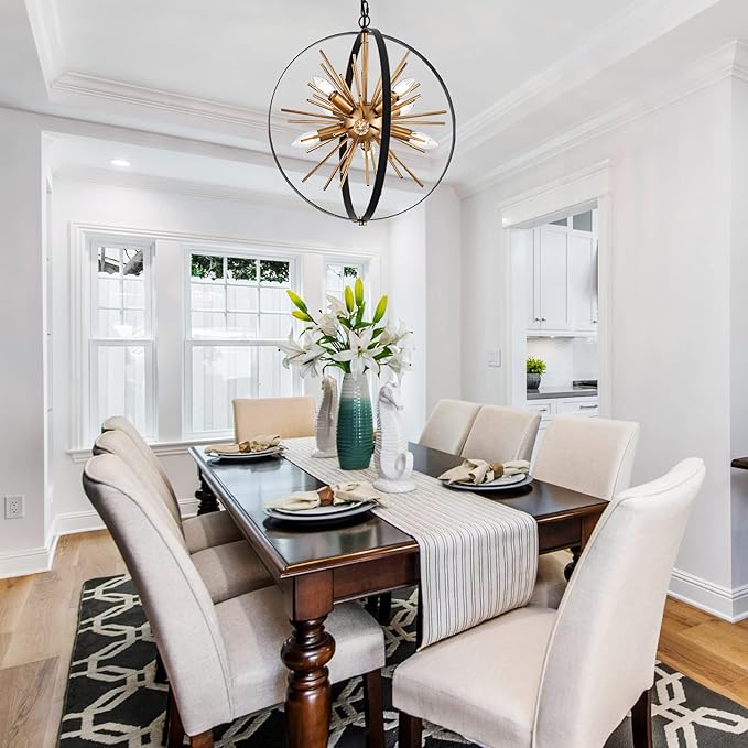 17.72'' Black Gold 8-Light Globe Sputnik Chandelier Modern Industrial Adjustable Hanging Ceiling Firework Pendant Light Fixture for Entryway Stairway Kitchen Dining Living Room Hallway