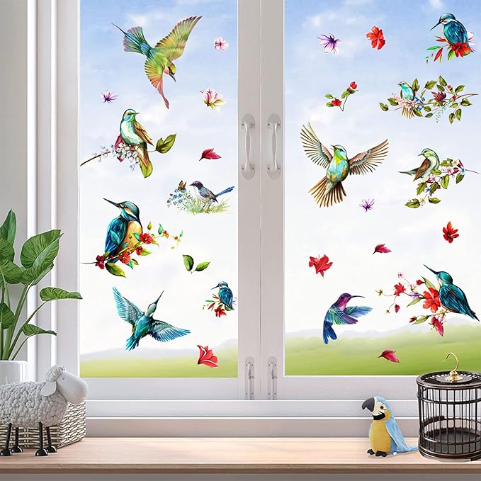 Birds Anti-Collision Spring Window Clings for Glass Windows, Glass Flower Wall Decals, Birds Alert Collision Window Decals Hummingbirds Butterfly Decal Prevent Bird Strikes on Windows Doors