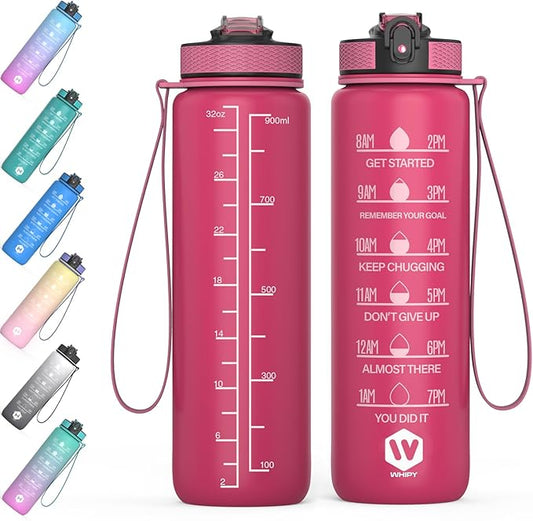 32 oz Water Bottle with Time Marker- Leak-Proof & BPA Free Reusable Gym Water Bottle - Easy to Carry Motivational Water Bottle for Fitness, Sports, Outdoor, Cycling, School & Office (Pink)