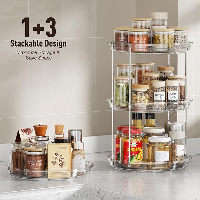 2 Tier Lazy Susan Organizer, 9.25'' Lazy Susan Turntable for Cabinet, Stackable Turntable Organizer Rotating Spice Rack Organization for Kitchen Countertop, Pantry, Bathroom, Clear