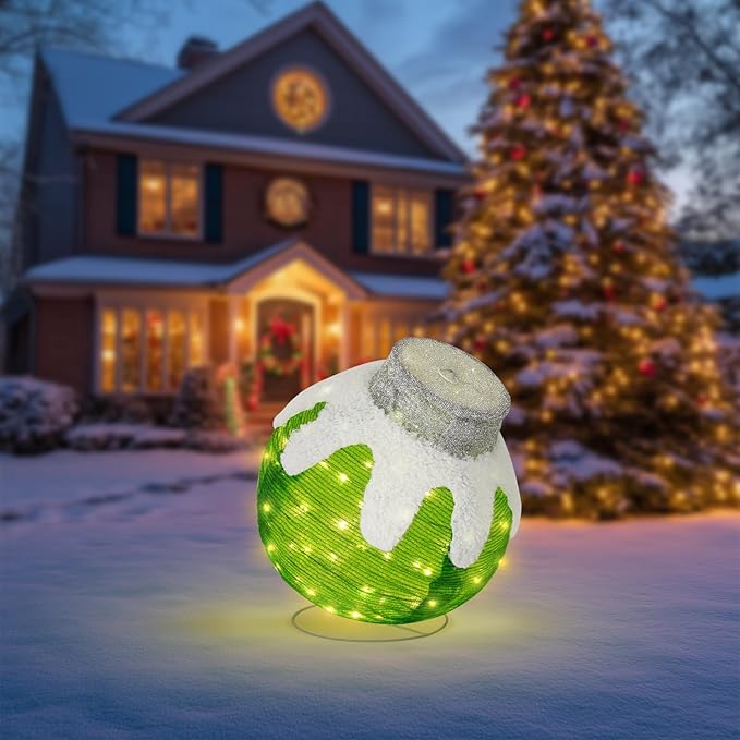 BRIGHTDECK Outdoor Christmas Ball Decoration, 80 LED Lights, 8 Light Modes, Pop-Up Collapsible Holiday Ornament (Green)