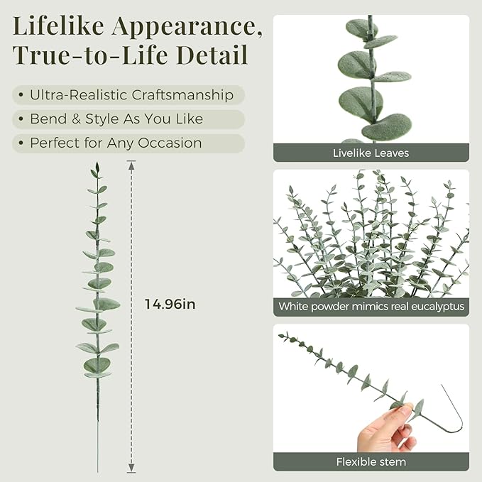 18Pcs Faux Eucalyptus Stems, 15" Artificial Eucalyptus Plants with White Frosted Coating, Fake Eucalyptus Decor Plastic Greenery Leaves for Wedding Bouquets Home Decor DIY Floral Arrangements