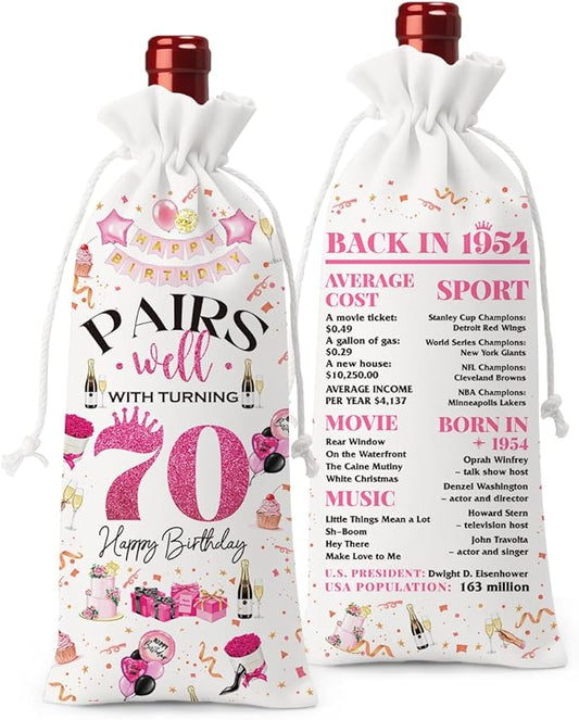 70th Birthday Gifts for Women Men Wine Bag, 70 Year Old Birthday Gifts for Woman Man, 70th Birthday Party Decorations Men for Women, Pairs Well with Turning 70 Wine Bags (White Pink)