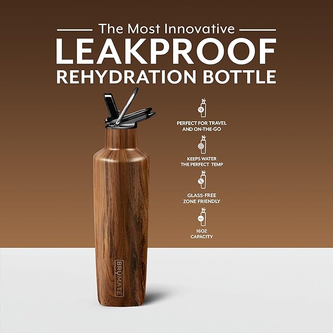 BrüMate ReHydration Mini Kids Water Bottle | 100% Leakproof Insulated Water Bottle for Kids with Straw | Stainless Steel Water Canteen | Perfect Kids Water Bottle for School | 16oz (Walnut)