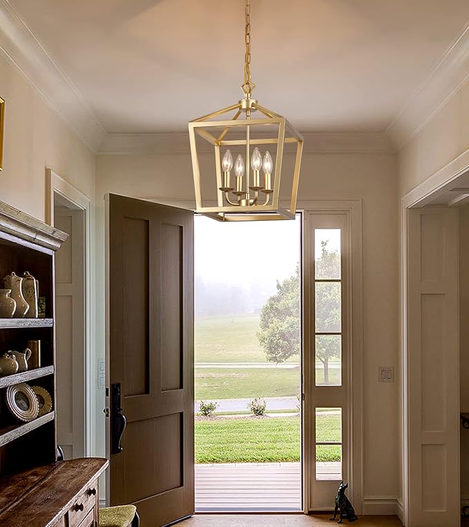 AMZASA Gold Lantern Chandelier Hanging Pendant Light Fixture 4-Lights for Kitchen Island Dining Room Hallway Entryway Foyer UL Listed