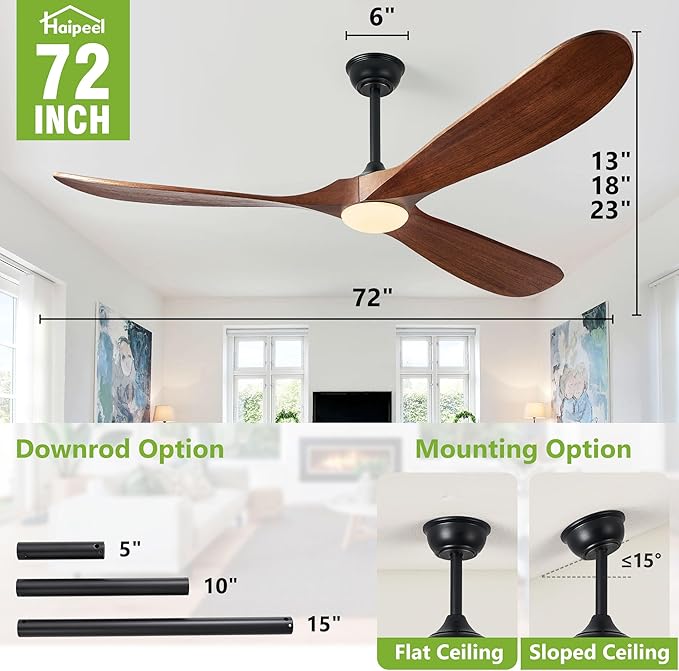 72 Inch Ceiling Fans with Lights, Solid Wood Propeller Large Ceiling Fans with Lights and Remote Control Modern Outdoor Ceiling Fan for Patios Gazebo Farmhouse Indoor High cfm ETL, Dark Walnut