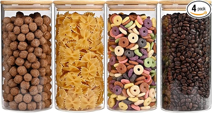 53oz Glass Food Storage Jars, Glass Jars with Bamboo Lids, Kitchen Storage Jars, Set of 4, Canisters with Airtight Lids for Spice, Coffee, Cookie, Pantry Organizers