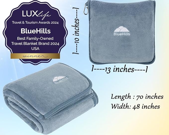 BlueHills Premium Soft Long Travel Blanket Pillow for Tall Airplane Flight Essentials Large Compact 2 in 1 Airline Blanket Throw Packable Warm Plane Traveling Accessories Grayish Blue T056