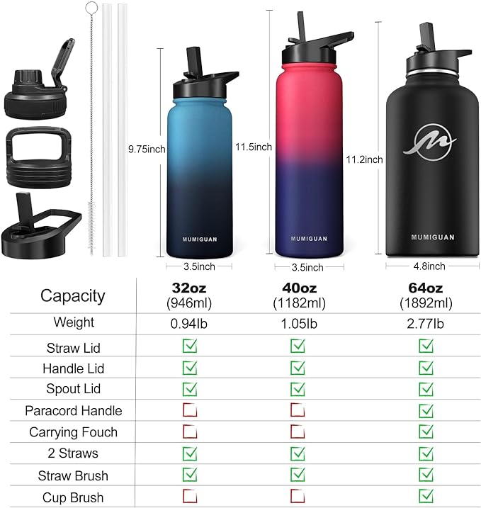 32oz Insulated Water Bottle with 3 Lids(Straw, Hand and Spout Lid), Double Vacuum Stainless Steel Metal Water Flask(BPA-free, CPC) for Sports, Camping, Hiking, Cycling, Fitness and more(Dark Rainbow)