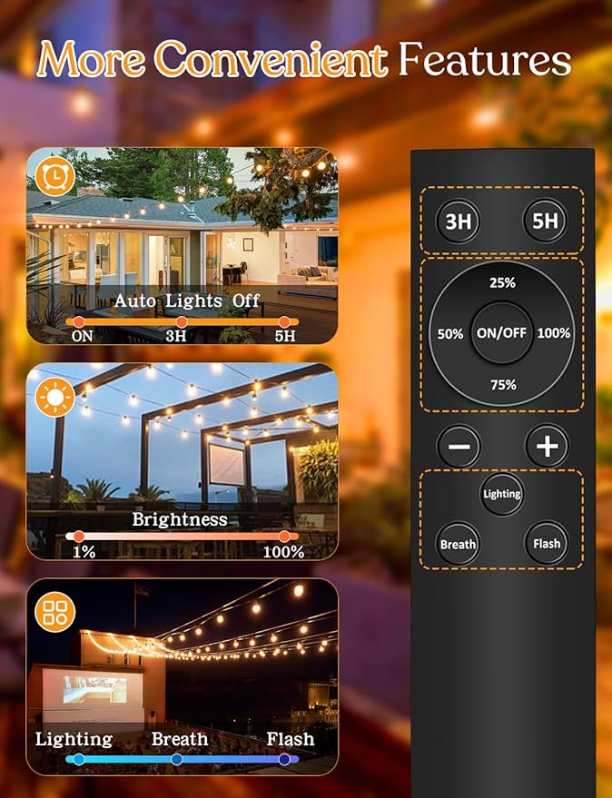 200FT Outdoor Lights for Patio – Dimmable String Lights for Outside with Remote – LED Hanging Lihgts Waterproof Shatterproof ST38 Edison Bulbs for Backyard Cafe Bistro Porch Christmas Party