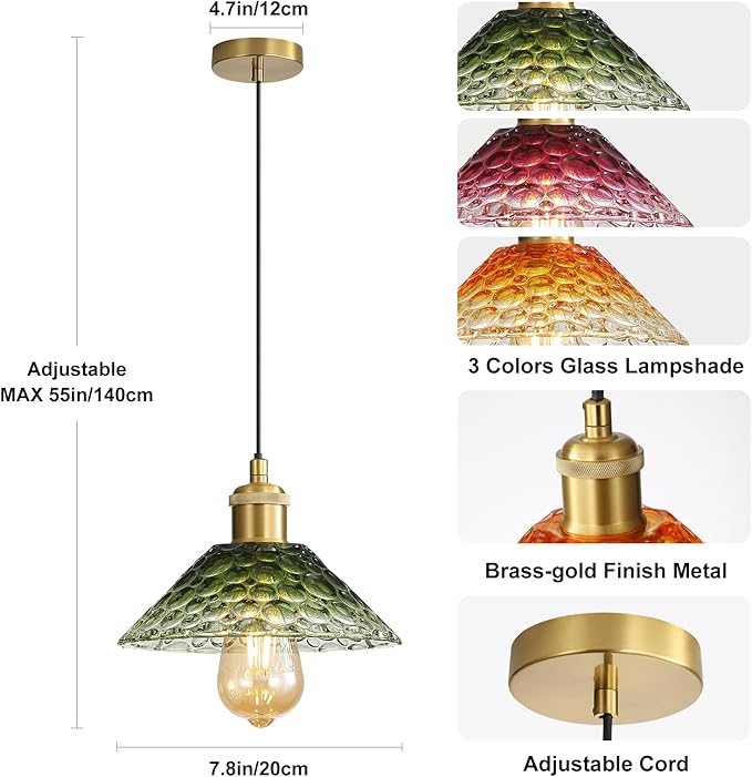 3-Pack Pendant Lights, Modern Glass Ceiling Hanging Light Fixtures,Adjustable Three Color Glass Shades Vintage Gold Chandeliers for Kitchen Island Dining Room Livingroom Entryway Farmhouse Bar
