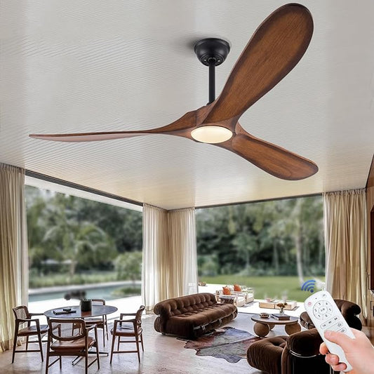 BOJUE Ceiling Fans with Lights 60 Inch Indoor Outdoor Ceiling Fan with Remote Control & 3 Wood Blade,Wood Ceiling Fan for Patio Living Room Bedroom (Light Brown Blades)