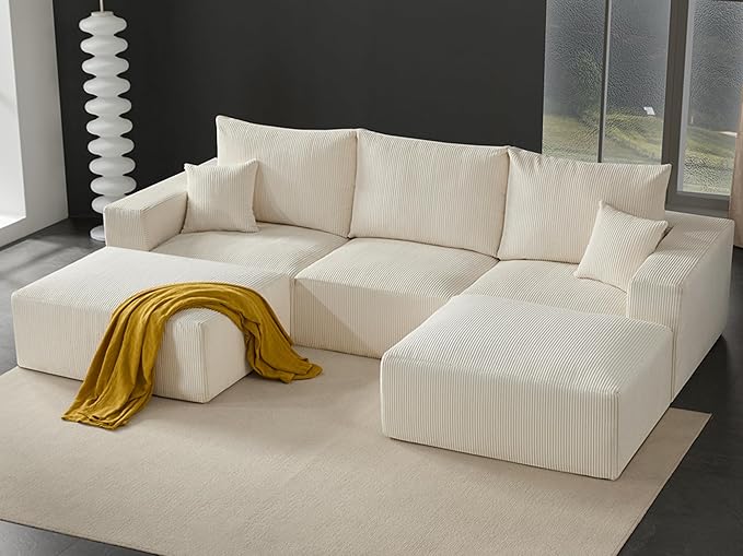 Boneless Sectional Cloud Couch Sofa for Living Room, 112" U-Shaped Modular Modern Lounge Sleeper Beige Couches with Chaise, No Assemble, Cordury Compression Upholstered Sofas