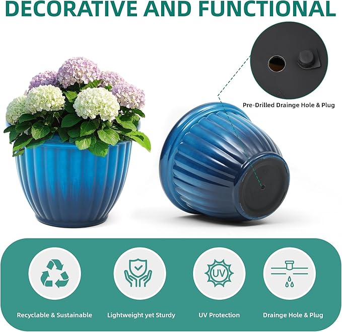 15" H Large Flower Pots, Set of 2 Plastic Planters for Outdoor Plants with Gradient Blue Finish and 3D Textures, Weather-Resistant for Porch, Garden, Patio or Indoor Use