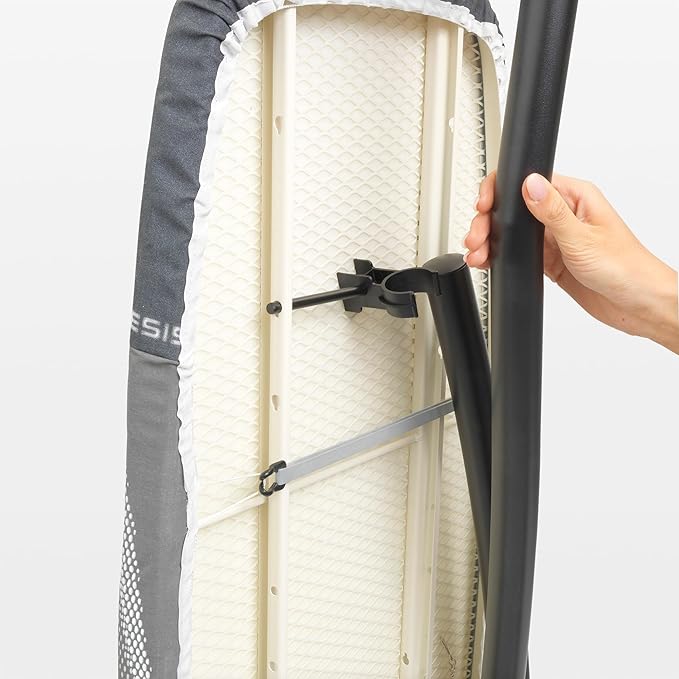 Brabantia Size D Ironing Board (53x18 in) Heat Resistant Parking Zone, Silver Frame, Non-Slip Feet, Suitable for Sit Down Ironing (Spring Bubbles)