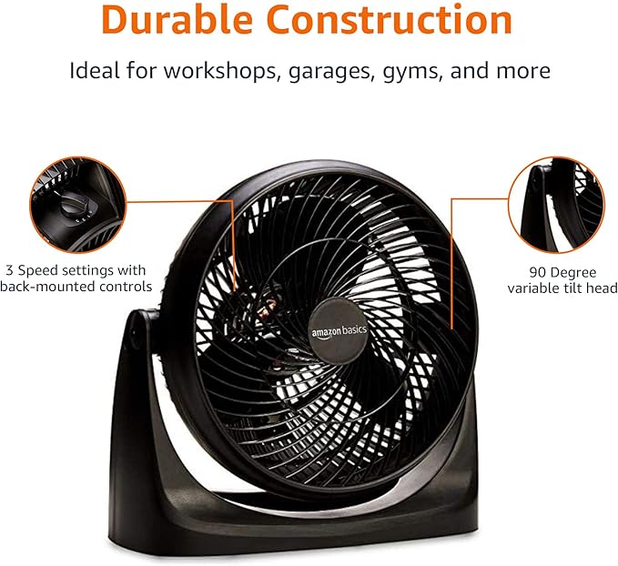 Amazon Basics Air Circulator Fan, Desk Fan for Bedroom, Home and Office, With 90-Degree Tilt Head, 3 Speed Settings, Lightweight (4.2 LBS), 70 Watts, Black, 14.8"Wx7.6"Dx14.1"H