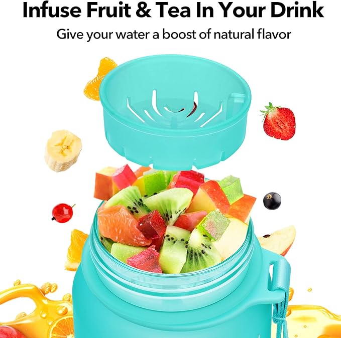 32oz Motivational Water Bottle with Time Marker & Fruit Strainer, Leak-proof BPA Free Non-Toxic 1l Bottle with Carrying Strap, Perfect for Fitness, Gym and Outdoor Sports (Ombre: Mermaid)