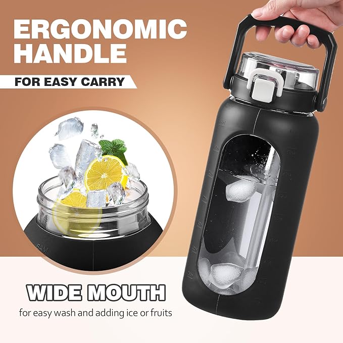 BLUEGO 64oz Glass Water Bottle with Handle and Straw, Motivational Sports Water Bottle with Time Marker and Silicone Sleeve Leakproof Drinking Bottle for Travel Gym Workout, Black