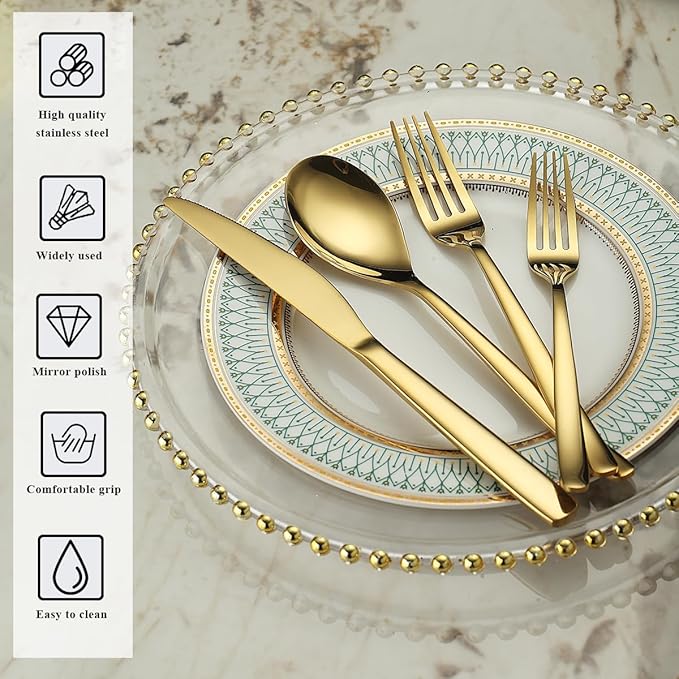Berglander Gold Silverware Set 48pcs Service for 12, Golden Titanium Plating Stainless Steel Flatware Set, Gold Spoons Forks Knives Set for Home, Wedding, Restaurant, Hotel, Dishwasher Safe