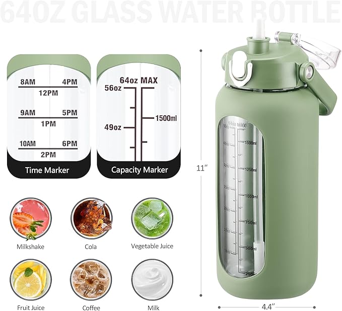 64 oz Glass Water Bottle with Straw and 2 Lids, Half Gallon Water Bottle with Sleeve, Large Insulated 2 Liter Glass Water Jug Time Marker with Handle - Olive
