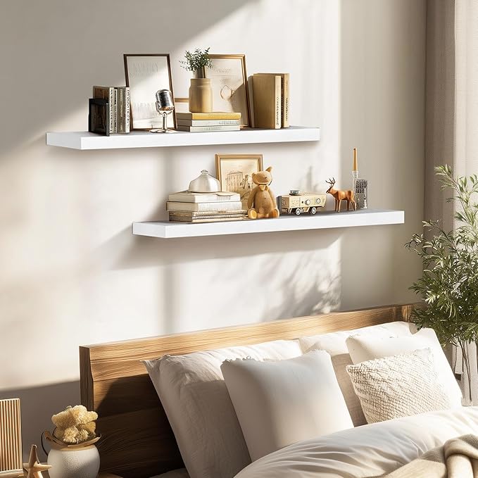 36"x6.8"x1.2" Solid Wood Floating Shelves 2-Pack - Rustic White Finish with Hidden Brackets, Perfect for Storage and Décor in Living Room, Kitchen, Bedroom