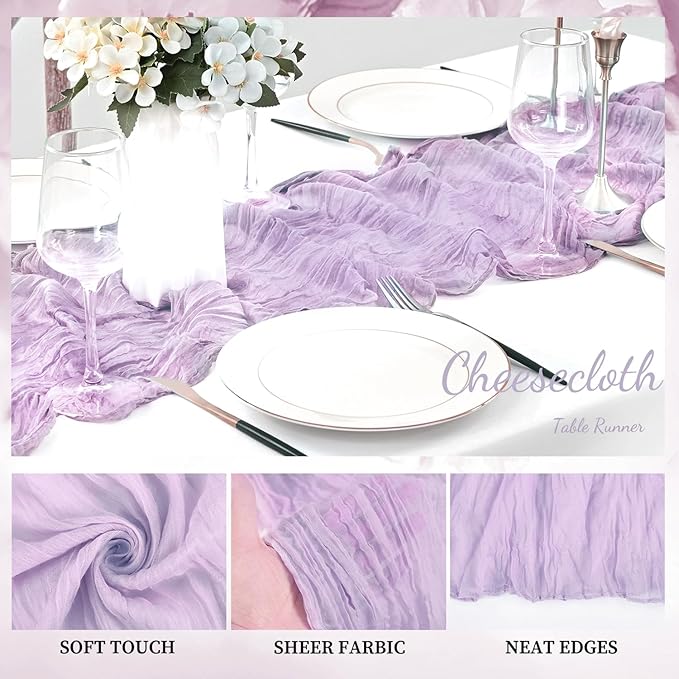 6 Pack Lilac Cheesecloth Table Runner 10FT Rustic Gauze Cheese Cloth Table Runner for Wedding 20 x 120 Inch Long Bridal Baby Shower Table Decor Boho Fabric Sheer Birthday Party Table Decorations