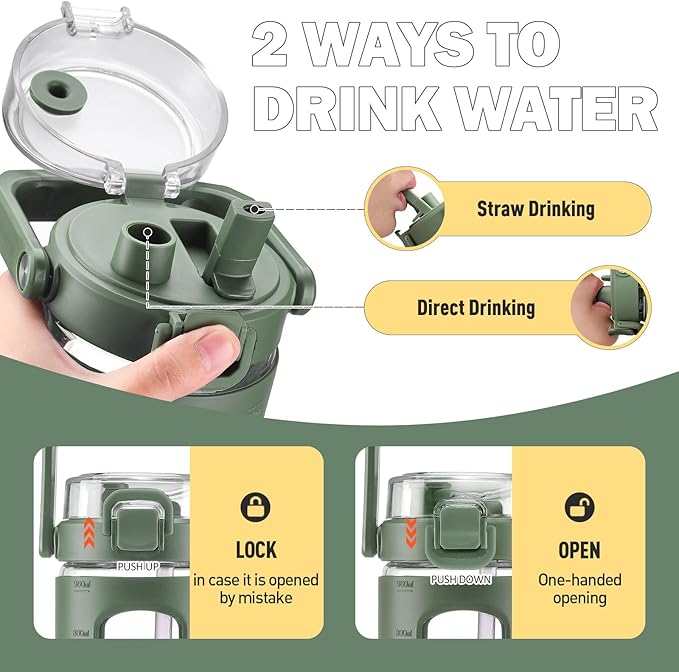 BLUEGO 32oz Glass Water Bottle with Handle and Straw|Leakproof Sports Glass Bottle with Time Marker and Silicone Sleeve|Glass Drinking Bottle for Travel, Gym, Workout, Olive