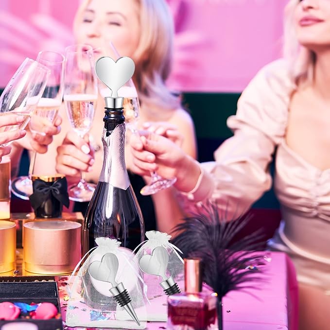 Blank Heart Shape Wine Stopper Stainless Steel Beer Stopper Blank Board Stopper with White Sheer Organza Bags Wedding Favor for Guests Wine Party Gifts Bridal Shower(Silver,36 Sets)