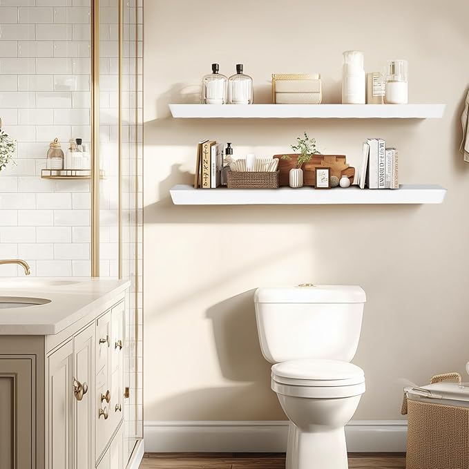 36"x6.8"x1.6" Slanted Floating Wall Shelves 2-Pack - Rustic White Finish, Heavy-Duty Solid Wood Design with Hidden Brackets - Perfect for Living Room, Kitchen, Bathroom, or Office