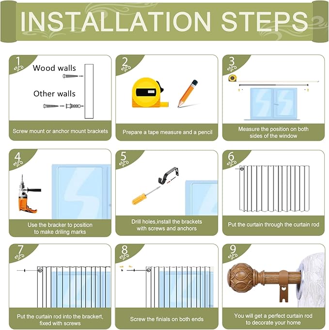 2 Pack Wood Curtain Rods for Windows 66 to 120 Inch,1 Inch Adjustable Curtain Rod Set,Heavy Duty Curtain Rods,Wooden Netted Texture Drapery Rods,Single Window Curtains Rods 66-120",Brown Wood