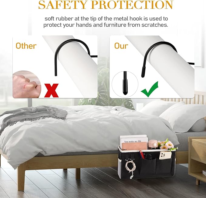 Bedside Storage Caddy/Bedside Hanging Storage Bag for Headboards Bunk Beds Dorm Rooms Book Phone Magazine Holder (Black)