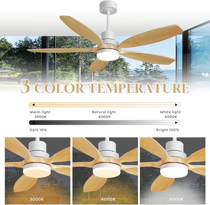 52" Ceiling Fan with Light and Remote,Reversible DC Motor,6Speed,Modern Natural Wood Ceiling Fan with Dimmable LED for Outdoor Patios Bedroom Living Room,Original Walnut and White