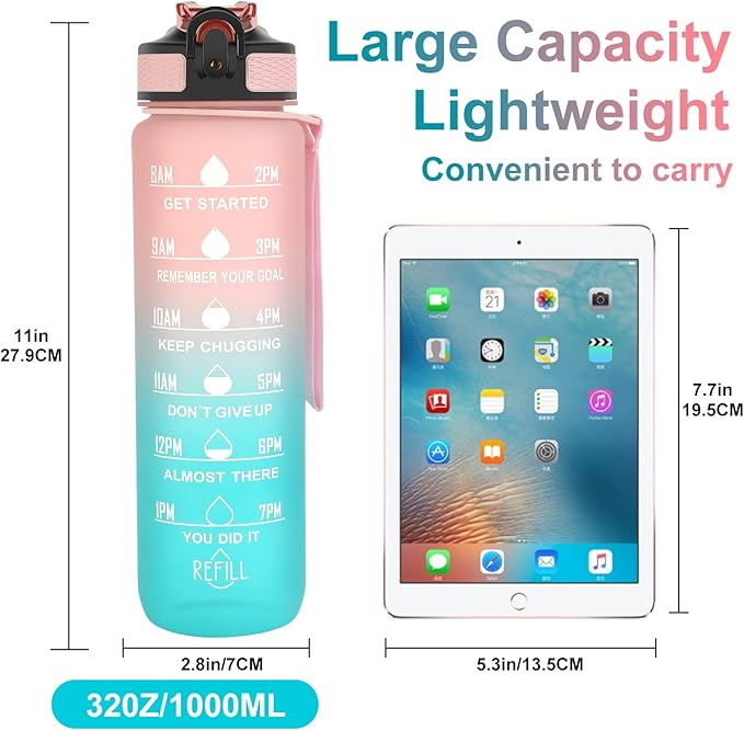 2 Pack 32oz Sports Water Bottle, Motivational Sports Water Bottle with Times Marker, Leak-Proof Water Cup for Fitness, Gym and Outdoor