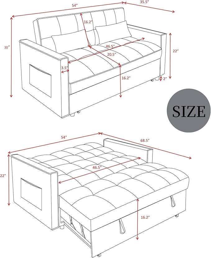 3 in 1 Sleeper Sofa Bed, Futon Sofa Bed for Living Room with Side Pocket, Blue Sleepers Sofas Couch with Pullout Beds, Convertible Love Seat Sleepers couch for Living Room, Bedroom, Small Space