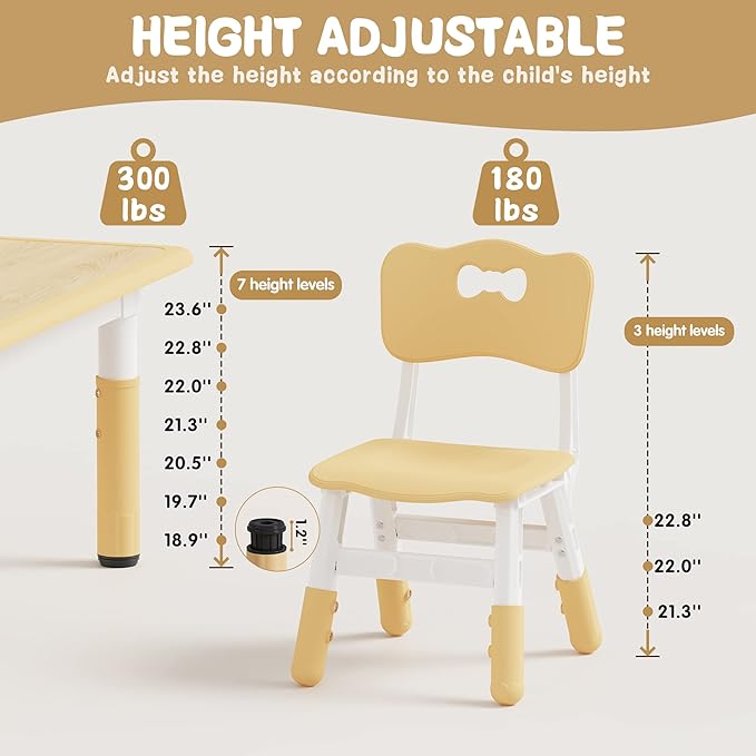 Brelley Kids Table and 6 Chairs Set, Height Adjustable Toddler Desk and Chair Set, Graffiti Desktop, Classroom/Daycare/Home, Children Multi-Activity Table for Ages 2-8