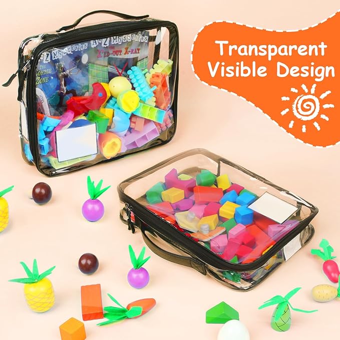 4 Pack Toy Storage Organizer Bag for Lego Bricks, Clear PVC Zippered Block Set with Manual Pocket& Name Tag, Waterproof Toy Carrying Case for Board Games, Building Blocks& Puzzles (Large Black)