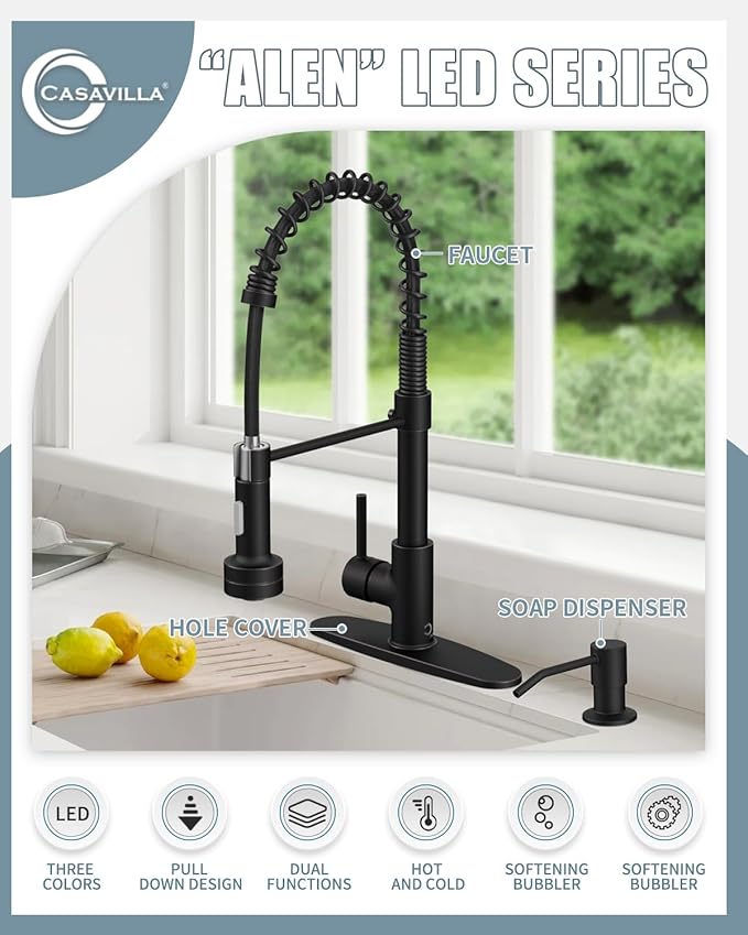 Bronze Kitchen Faucet with Sprayer, Kitchen Faucet with Soap Dispenser,Ktchen Faucets with Pull Down Sprayer,Single Hole Kitchen Sink Faucet with LED light,Oil Rubbed Faucet for Kitchen Sink