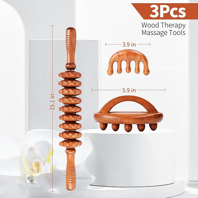 3-in-1 Wood Therapy Massage Tools Wooden Lymphatic Drainage Massager Maderoterapia Kit, Anti Cellulite Complete Body Sculpting Tools for Muscle Pain Relief, Body Contouring and Shaping