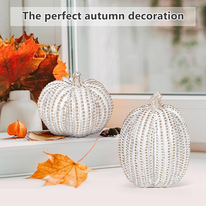 2Pcs Halloween Pumpkin Artificial Resin Pumpkins Decor for Mantel Harvest Autumn Tabletop Decoration Gold Fall Pumpkin Decorations Thanksgiving Table Centerpieces (Set A, ONE Size)
